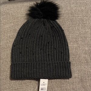 LOFT Charcoal Knit Beanie with Pom-Pom
